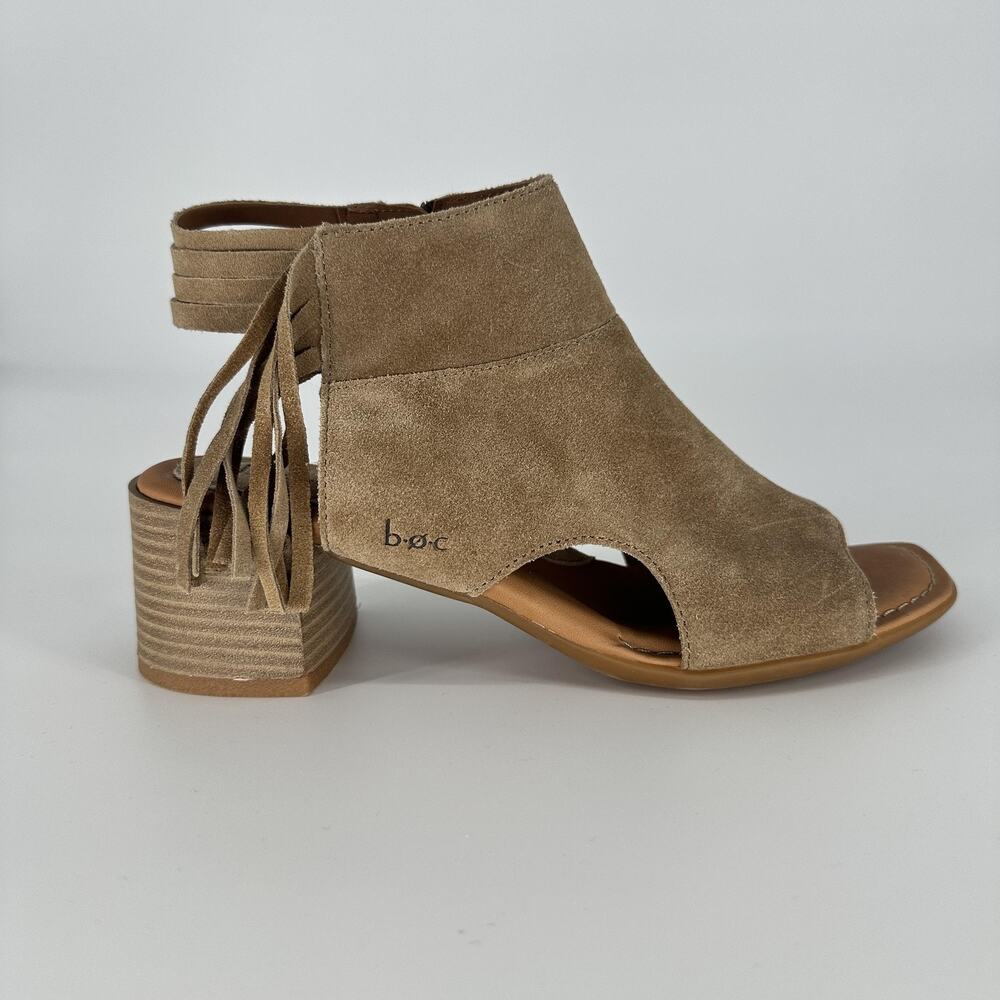 boc Shoes Womens Size 8M Taupe Suede Leather Peep Toe Block Heel Sandals Zip - Picture 2 of 11